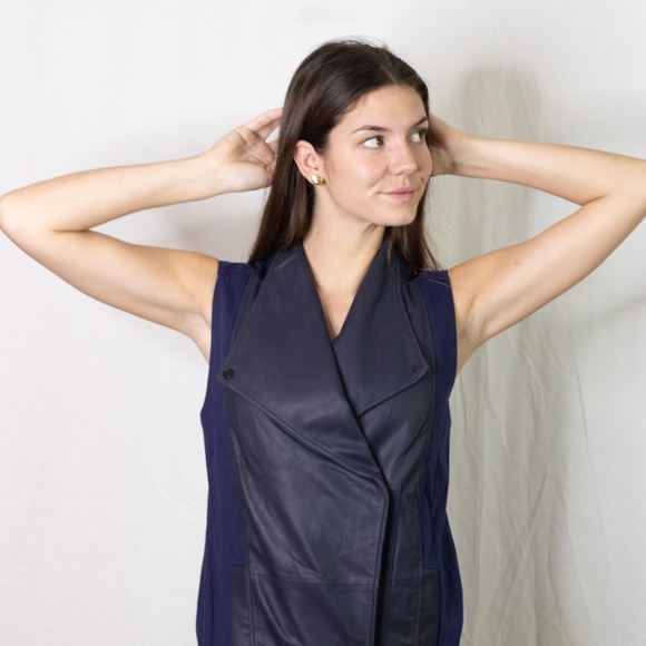Vince Navy Blue Leather Front Vest Jacket *NEW* - Picture 3 of 10